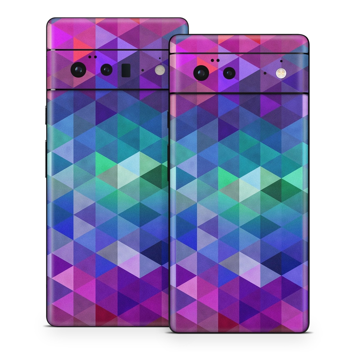 Google Pixel 6 Series Skin design of Purple, Violet, Pattern, Blue, Magenta, Triangle, Line, Design, Graphic design, Symmetry, with blue, purple, green, red, pink colors