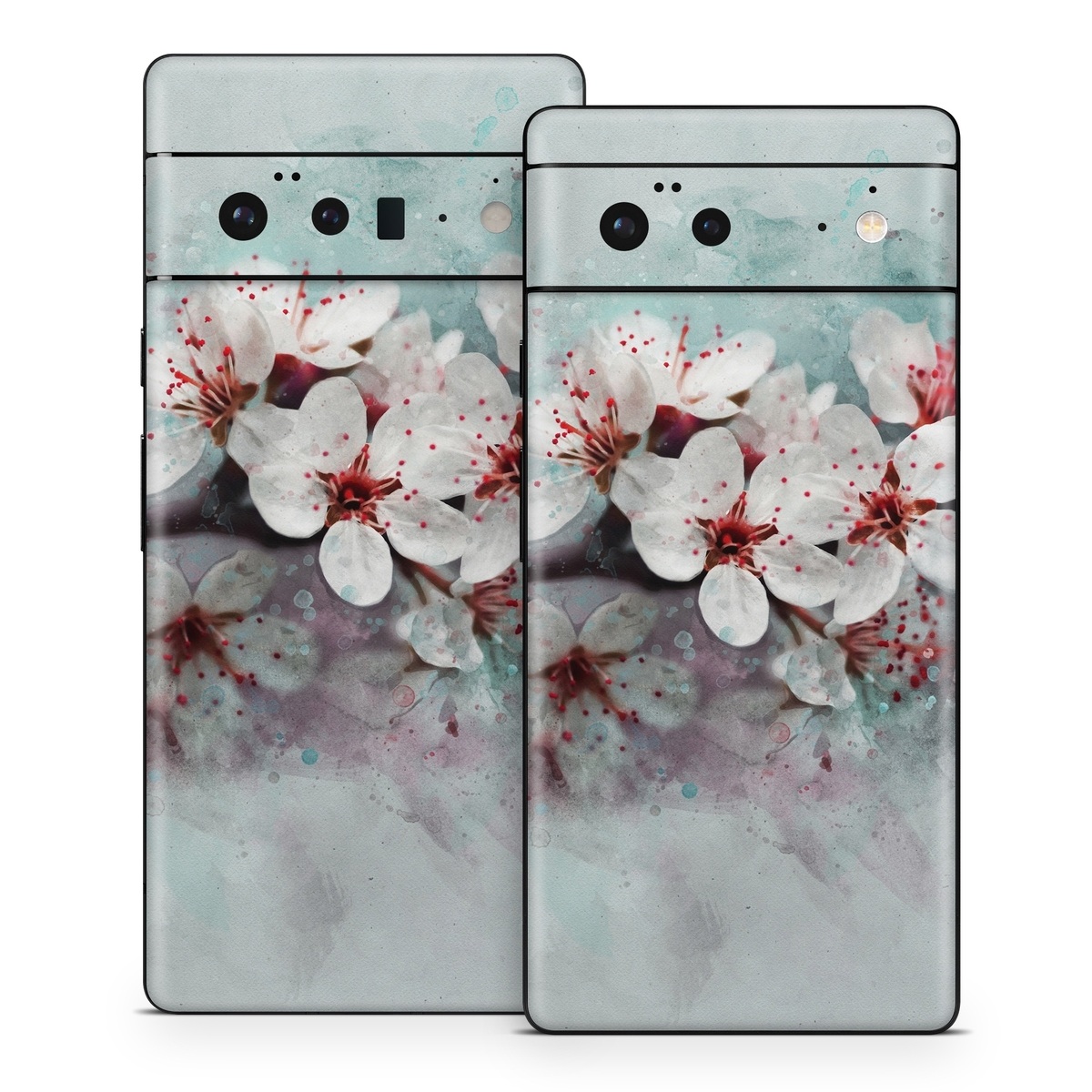Google Pixel 6 Series Skin design of Blossom, Flower, Cherry blossom, Watercolor paint, Plant, Spring, Pink, Petal, Branch, Painting, with white, gray, red, pink, purple, blue colors