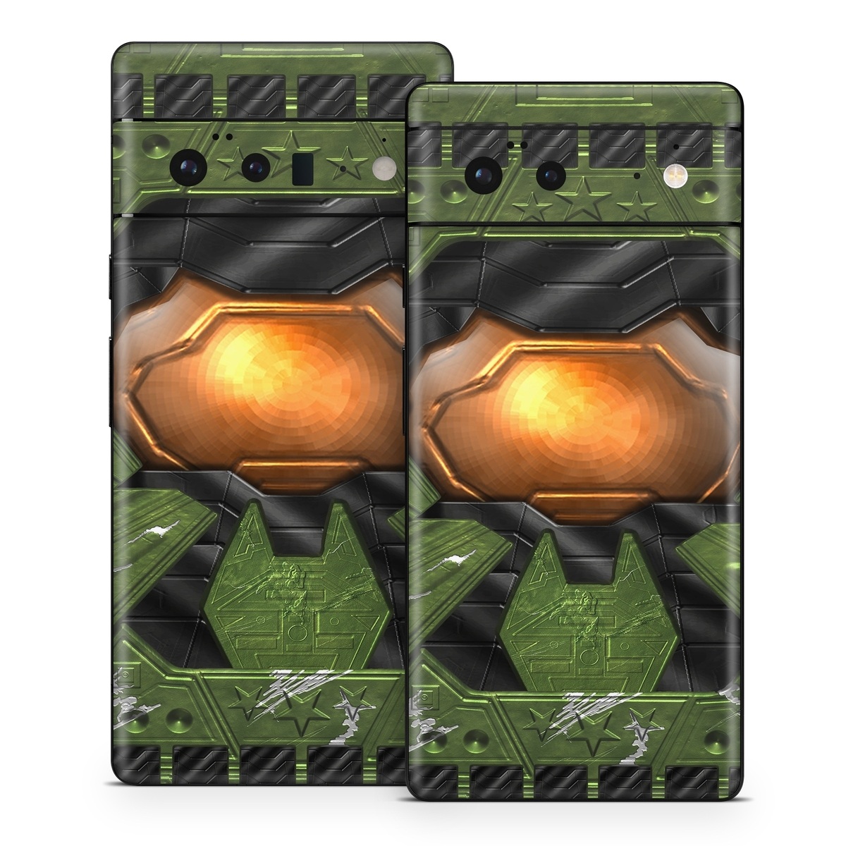 Google Pixel 6 Series Skin design of Green, Fictional character, Games, Fiction, Pc game, Illustration, Strategy video game, Digital compositing, Art, Screenshot, with green, yellow, orange, black colors