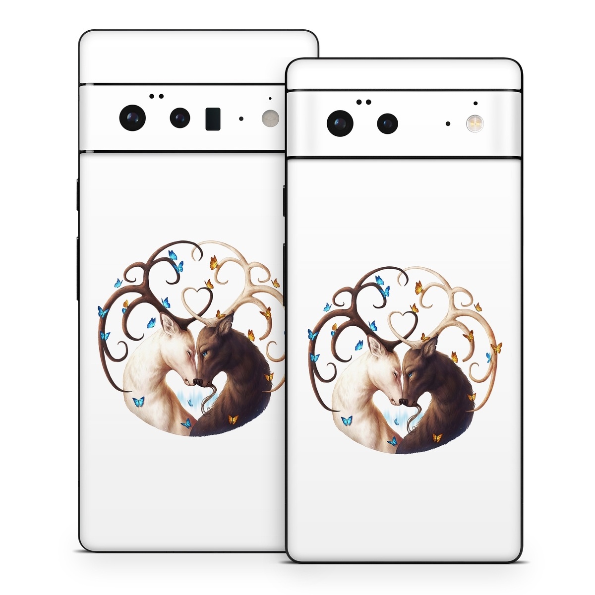 Google Pixel 6 Series Skin design of Gesture, Fawn, Serveware, Horn, Font, Art, Mythical creature, Dishware, Tail, Drinkware, with white, brown, blue, yellow, orange colors
