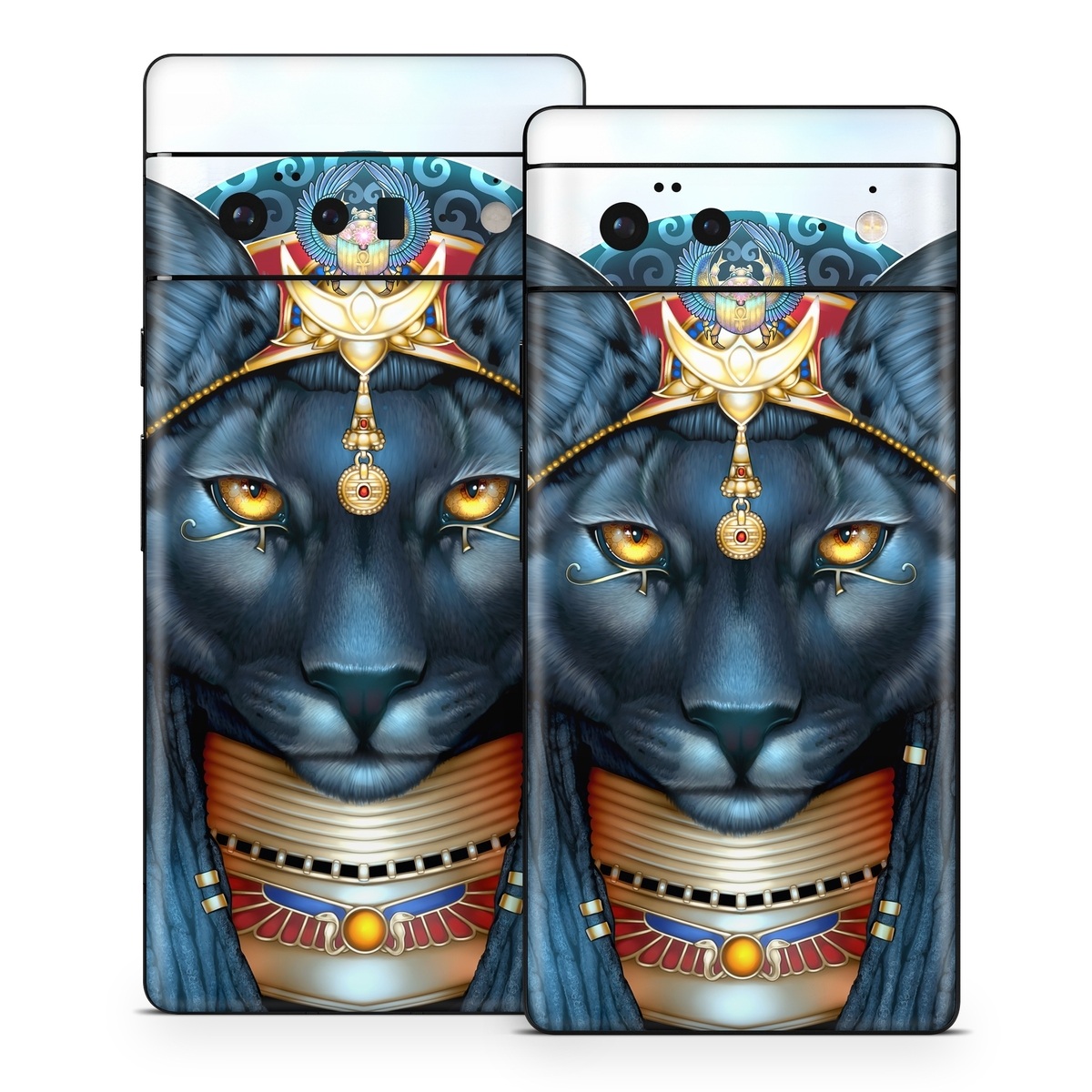 Google Pixel 6 Series Skin design of Jaw, Font, Whiskers, Toy, Snout, Personal protective equipment, Fictional character, Electric blue, Graphics, Mask, with black, white, red, blue, yellow, orange colors