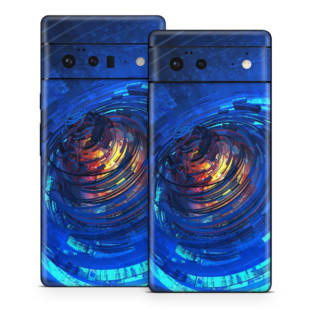 Google Pixel 6 Series Skin design of Blue, Water, Circle, Vortex, Electric blue, Wave, Liquid, Graphics, Pattern, Colorfulness, with blue, orange, yellow colors