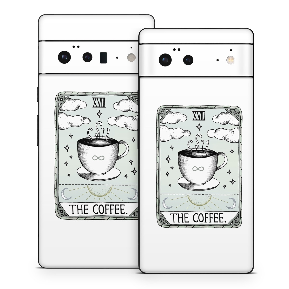 Google Pixel 6 Series Skin design of Cup, Cartoon, Drinkware, Coffee cup, Tableware, Teacup, Illustration, Drink, Line art, with white, black, green, gray, yellow colors