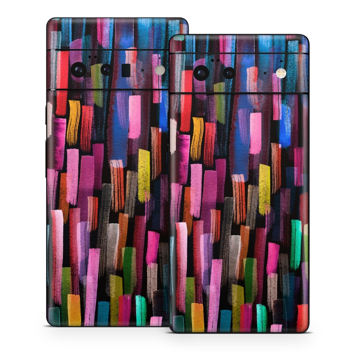 Google Pixel 6 Series Skin design of Colorfulness, Textile, Art, Wood, Line, Material property, Font, Pattern, Tints and shades, Magenta, with black, blue, green, red, pink, yellow, orange, white, gray colors