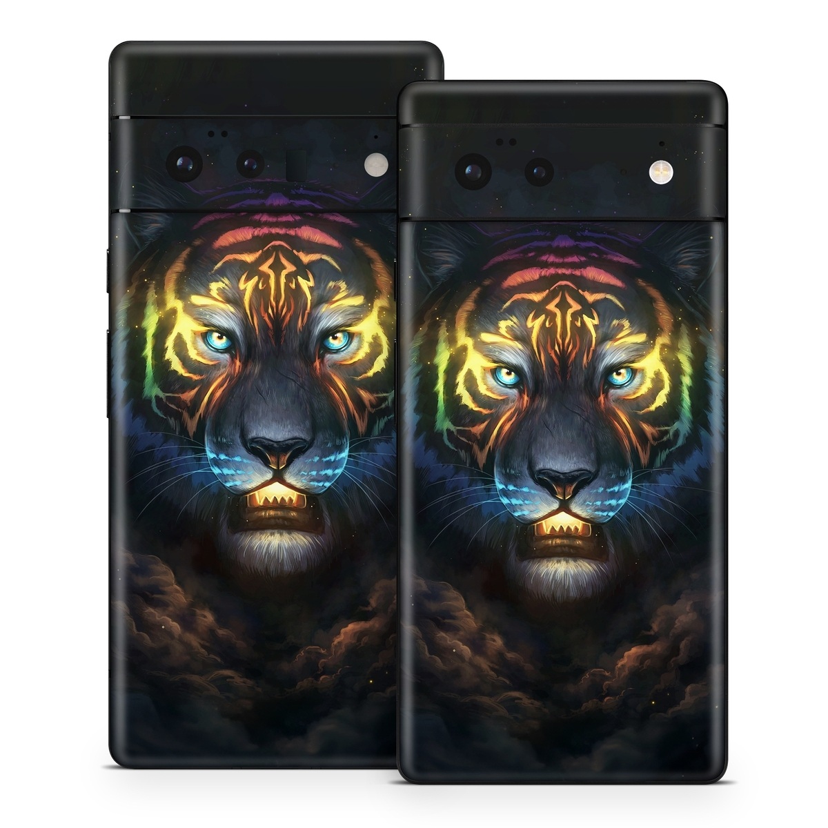 Google Pixel 6 Series Skin design of Felidae, Vertebrate, Carnivore, Organism, Painting, Roar, Bengal tiger, Big cats, Art, Whiskers, with black, yellow, orange, red, green, purple, blue colors