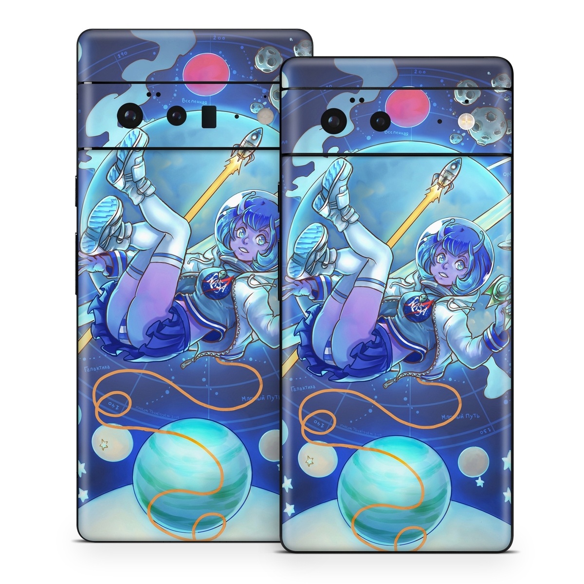 Google Pixel 6 Series Skin design of Cartoon, Illustration, Graphic design, Games, Space, Design, Anime, Art, Graphics, Fictional character, with blue, white, yellow, purple, green, red, orange, black colors