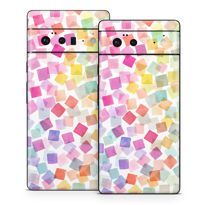 Google Pixel 6 Series Skin design of Pink, Orange, Wrapping Paper, Art Paper, Pattern, Triangle, with white, pink, red, orange, yellow, blue, green, purple colors