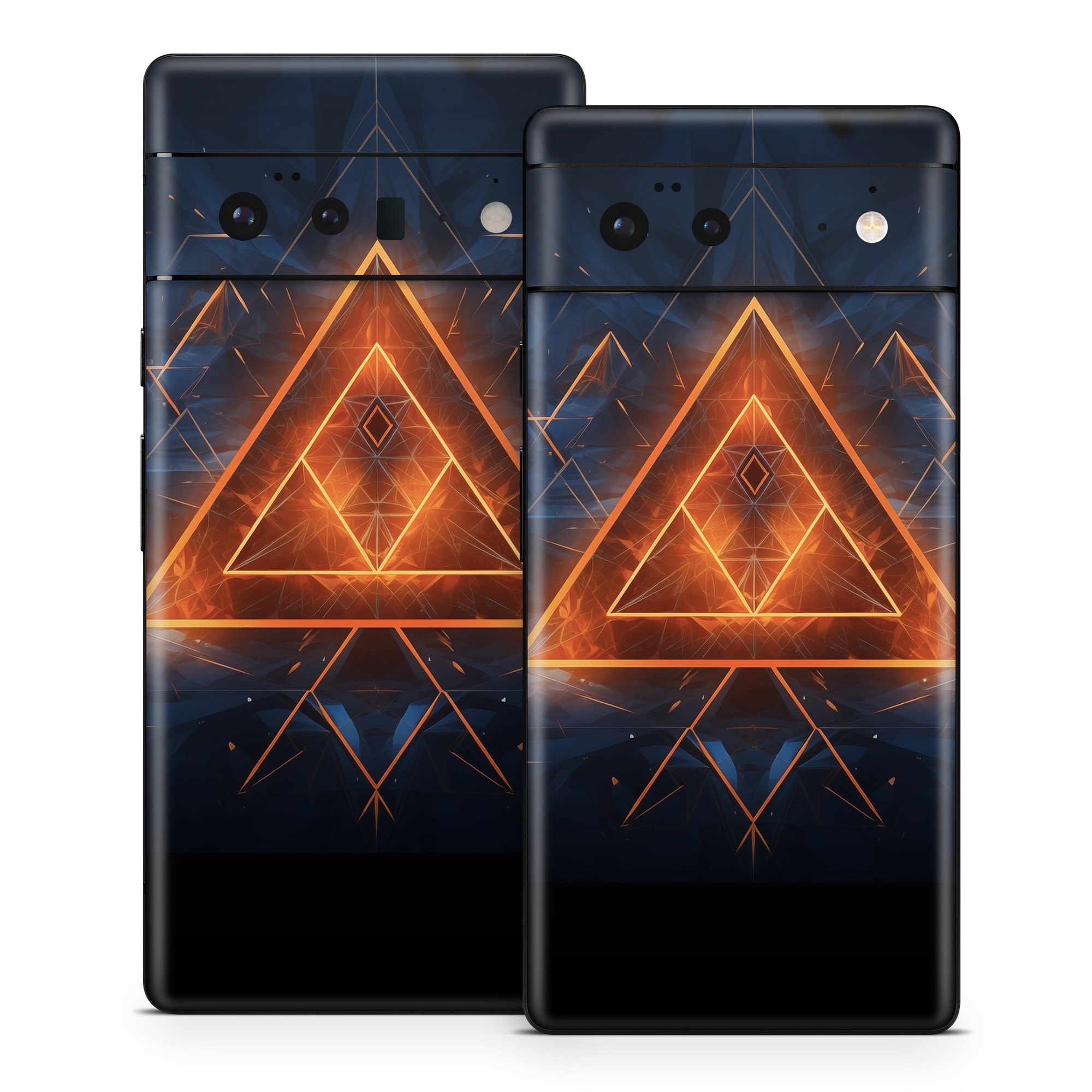Google Pixel 6 Series Skin design of Sky, Atmosphere, Water, Triangle, Cloud, Electricity, Astronomical object, Tree, Star, Font, with black, white, orange, yellow, red, blue colors