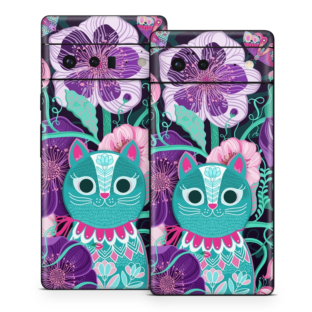 Google Pixel 6 Series Skin design of Botany, Purple, Textile, Organism, Pink, Art, Painting, Font, Creative arts, Magenta, with black, blue, pink, purple, green, red colors