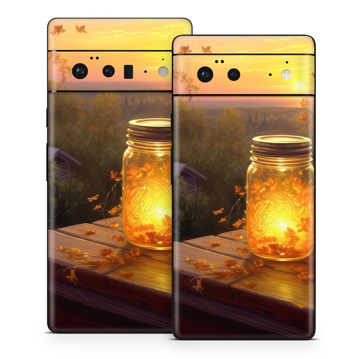 Google Pixel 6 Series Skin design of Sky, Plant, Amber, Candle, Wood, Orange, Sunlight, Cloud, Sunset, Heat, with yellow, orange, black, green, gray, red colors