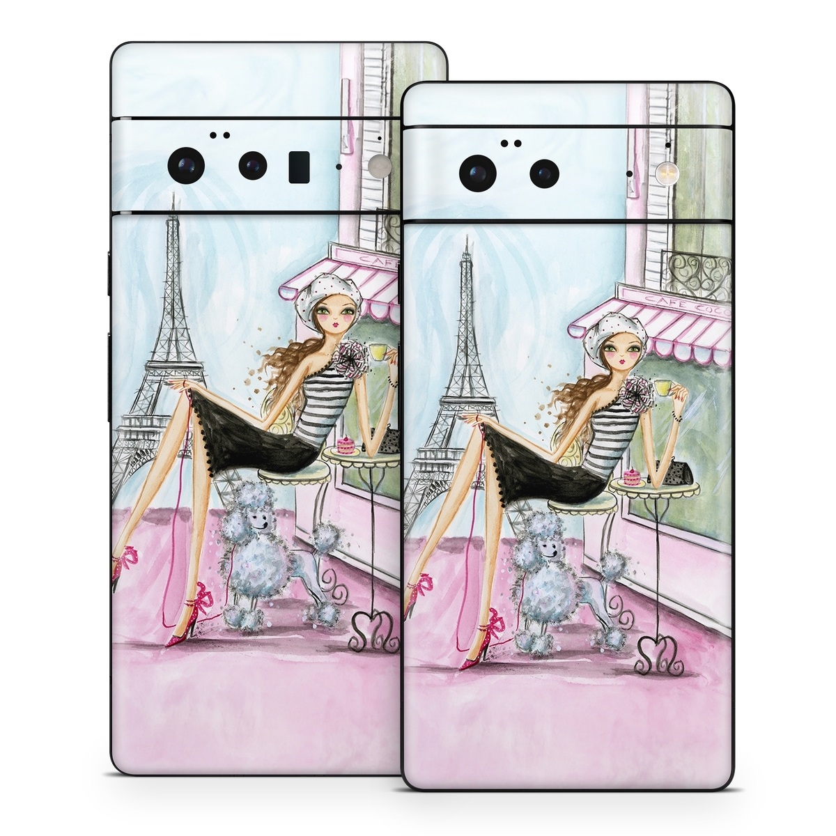 Google Pixel 6 Series Skin design of Pink, Illustration, Sitting, Konghou, Watercolor paint, Fashion illustration, Art, Drawing, Style, with gray, purple, blue, black, pink colors