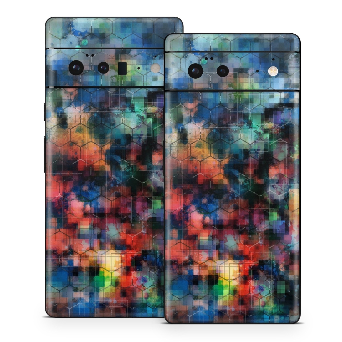 Google Pixel 6 Series Skin design of Blue, Colorfulness, Pattern, Psychedelic art, Art, Sky, Design, Textile, Dye, Modern art, with black, blue, red, gray, green colors