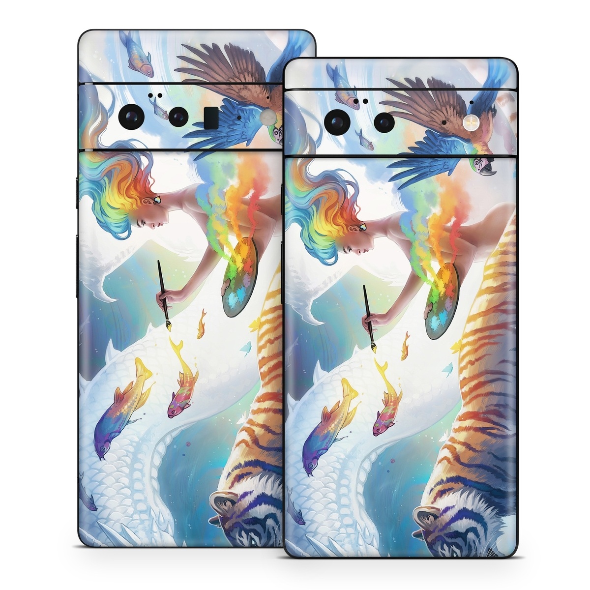 Google Pixel 6 Series Skin design of Siberian tiger, Bengal tiger, Vertebrate, Tiger, Felidae, Mammal, Water, Carnivore, Art, Painting, with blue, red, yellow, orange, green, purple, black, white colors
