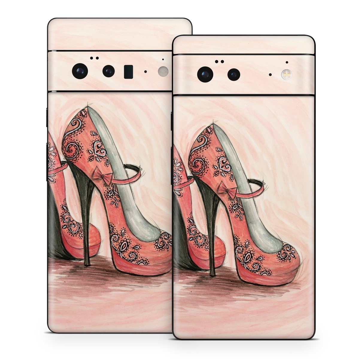 Google Pixel 6 Series Skin design of Footwear, High heels, Shoe, Pink, Court shoe, Illustration, Leg, Basic pump, Peach, Painting, with pink, gray, red, white, black, green colors