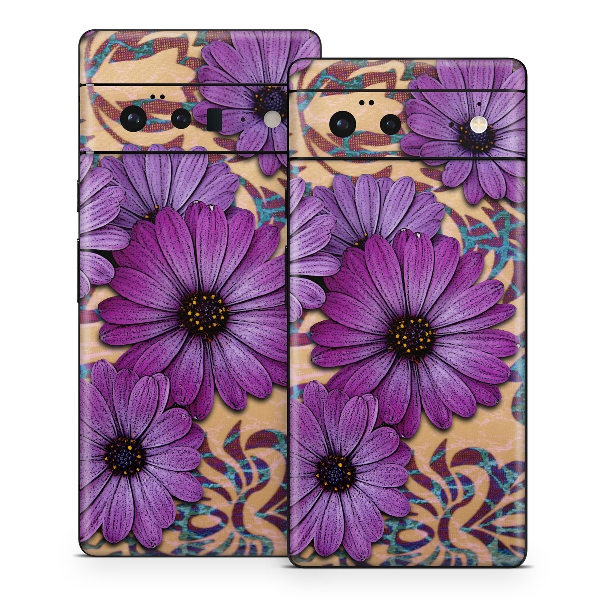 Google Pixel 6 Series Skin design of Purple, Flower, Violet, Petal, Plant, african daisy, Floral design, Wildflower, Pattern, Textile, with purple, black, gray, blue, green, red colors