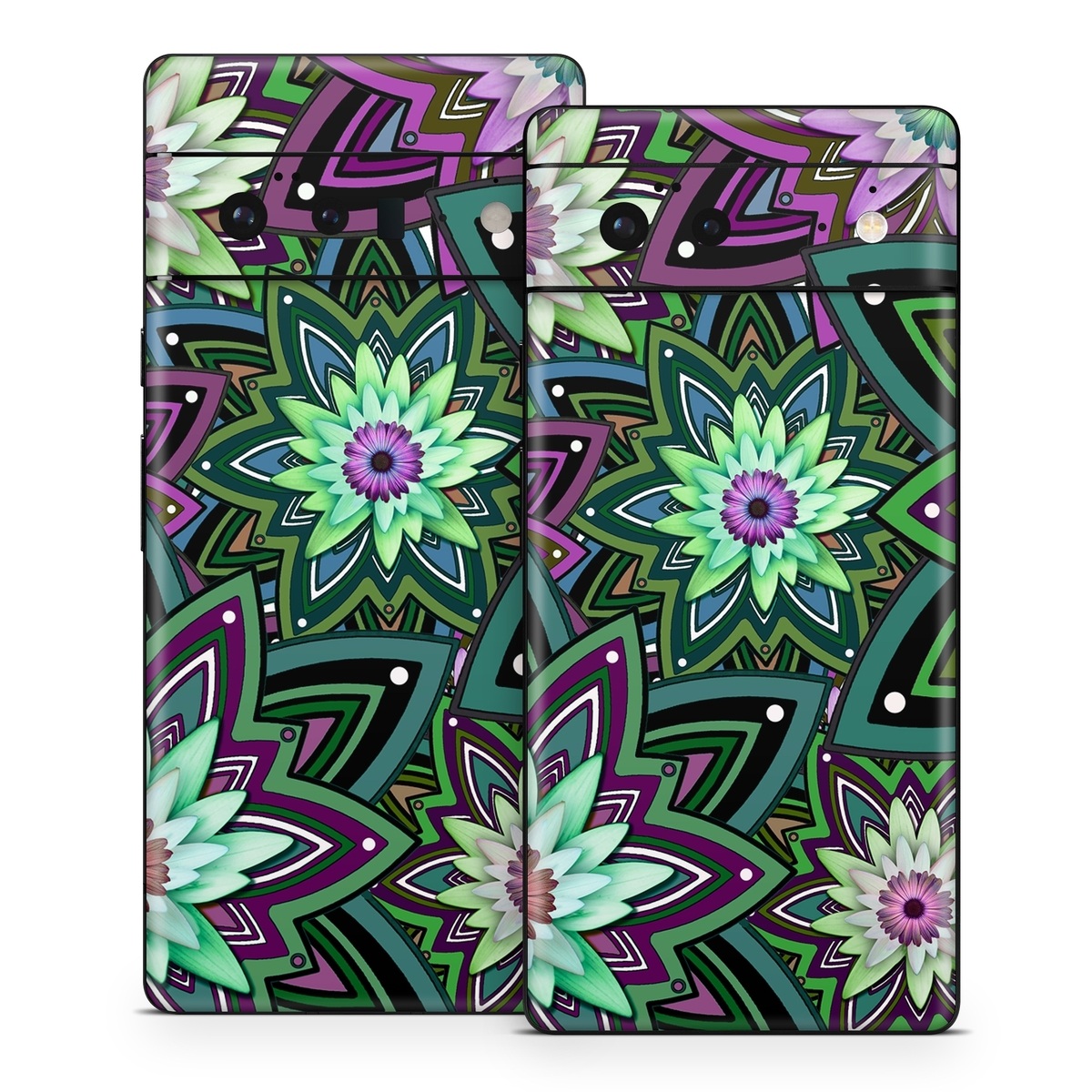 Google Pixel 6 Series Skin design of Pattern, Purple, Green, Flower, Psychedelic art, Design, Lilac, Plant, Symmetry, Visual arts, with black, gray, green, purple, blue, red colors