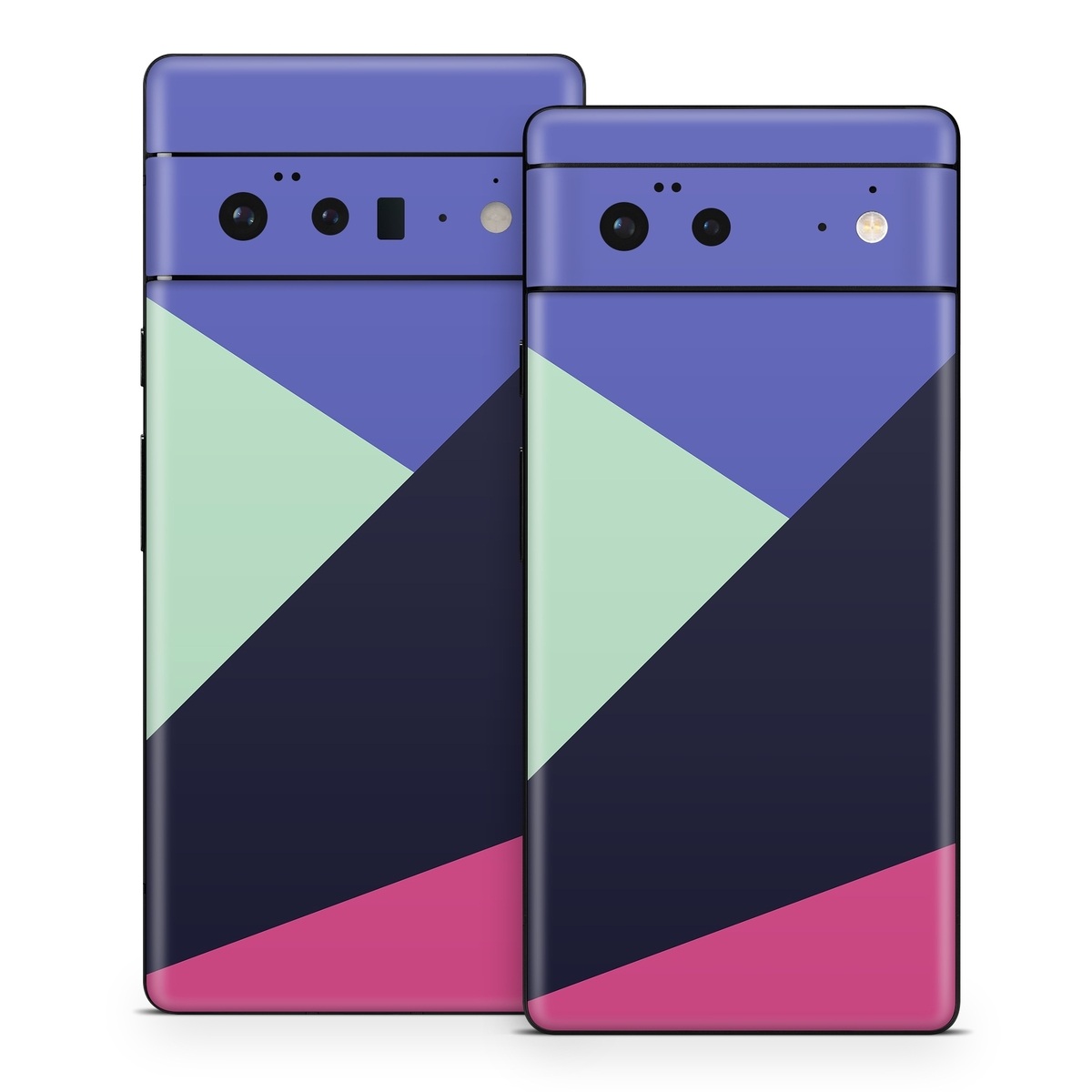 Google Pixel 6 Series Skin design of Purple, Violet, Line, Magenta, Graphic design, Triangle, Pattern, Design, Material property, Font, with black, blue, green, pink colors