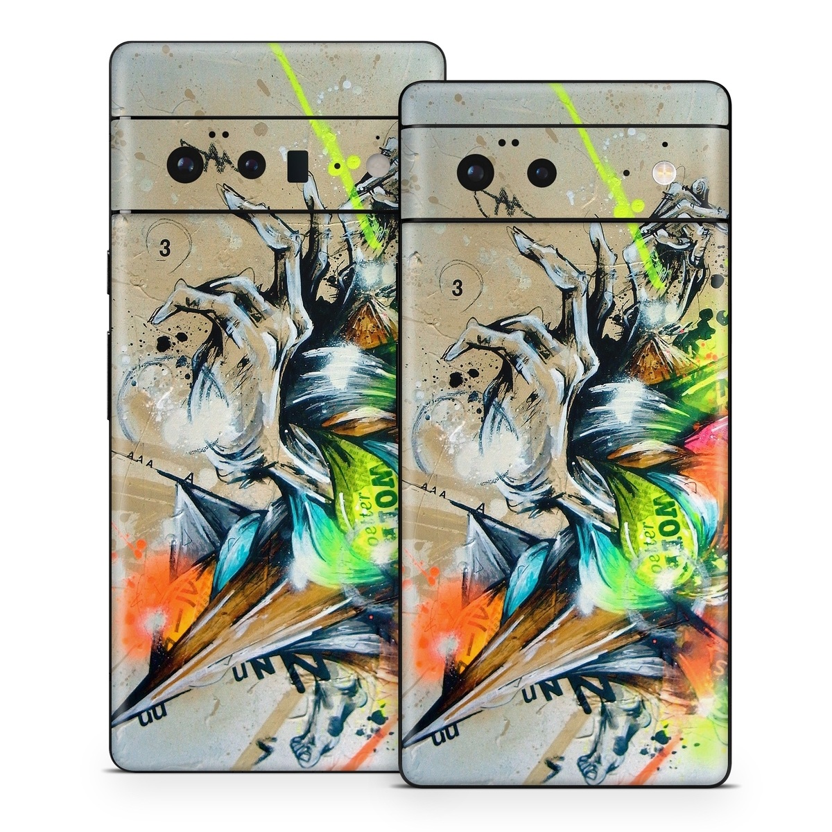 Google Pixel 6 Series Skin design of Graphic design, Art, Illustration, Fictional character, Visual arts, Graphics, Painting, Watercolor paint, Modern art, Games, with gray, black, green, red, orange, pink colors