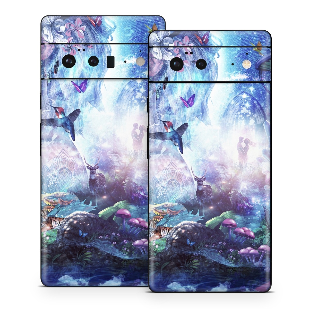 Google Pixel 6 Series Skin design of Man, Woman, Fictional Character, Mythology, Bird, Wing, Mythical Creature, Deer, Tiger, Mushrooms, Butterfly, with white, blue, green, red, yellow, black, purple, gray colors