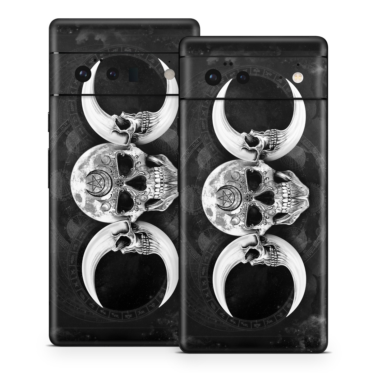 Google Pixel 6 Series Skin design of Bone, Skull, Darkness, Monochrome, Black-and-white, Circle, Symmetry, Visual Arts, Illustration, Skeleton, Drawing, with black, white, gray colors