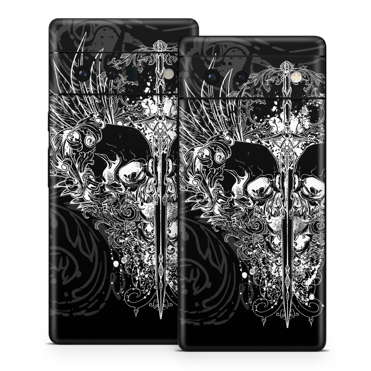 Google Pixel 6 Series Skin design of Illustration, Art, Design, Monochrome, Graphic design, Pattern, Fictional character, Skull, Black-and-white, Graphics, with black, gray colors