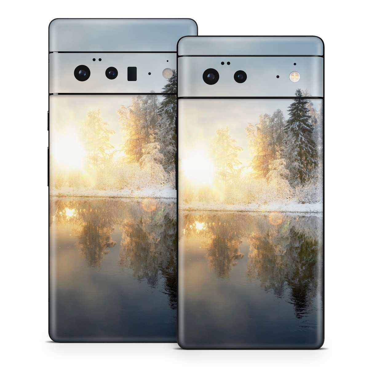 Google Pixel 6 Series Skin design of Cloud, Water, Sky, Water resources, Atmosphere, Plant, Natural landscape, Branch, Tree, Freezing, with blue, black, yellow, orange, white colors