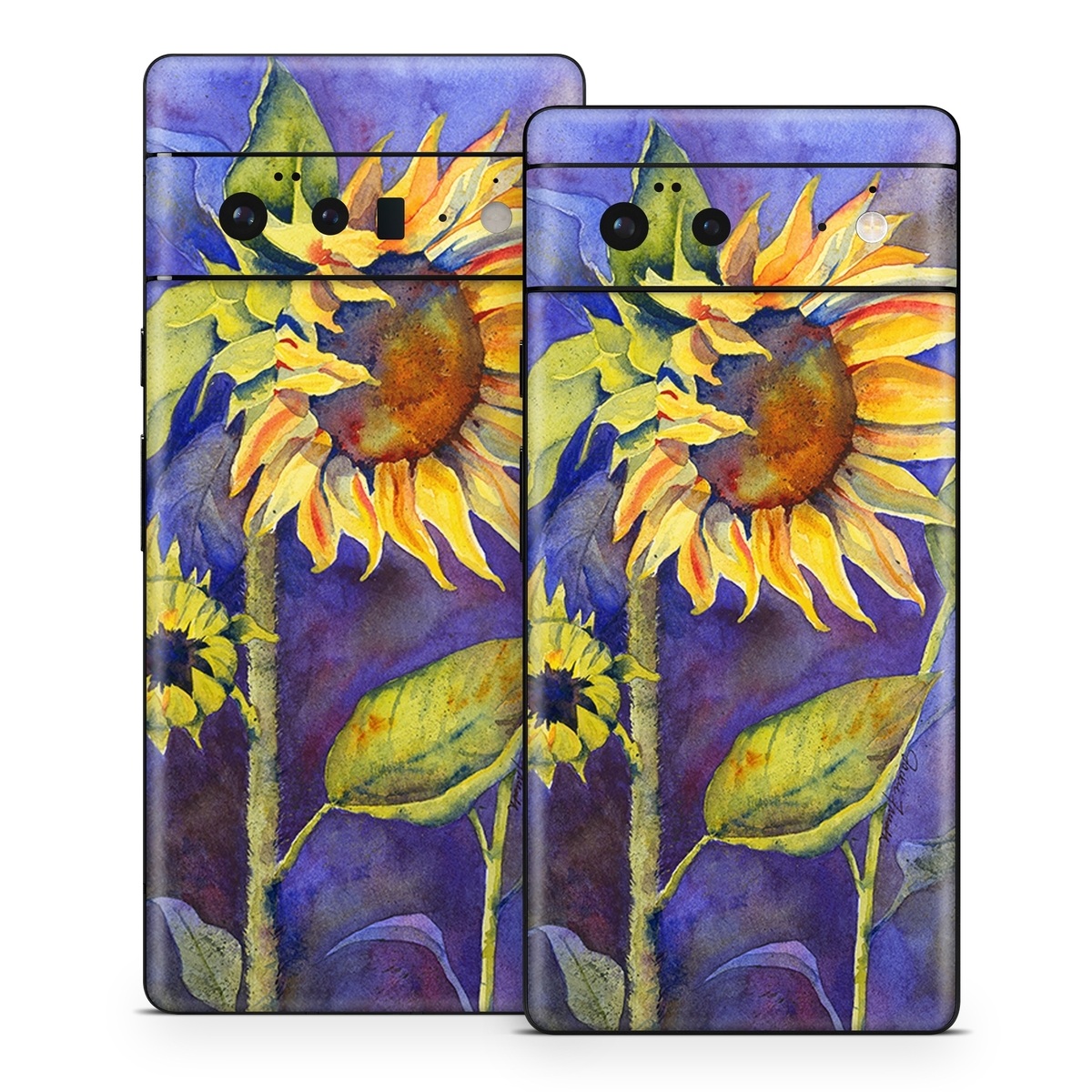 Google Pixel 6 Series Skin design of Flower, Sunflower, Painting, sunflower, Watercolor paint, Plant, Flowering plant, Yellow, Acrylic paint, Still life, with green, black, blue, gray, red, orange colors