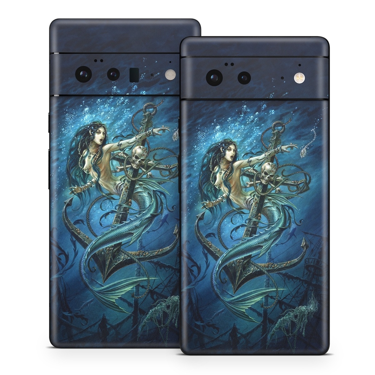 Google Pixel 6 Series Skin design of Mermaid, Cg artwork, Illustration, Fictional character, Art, Mythology, Mythical creature, Graphic design, with blue, green, white, black colors