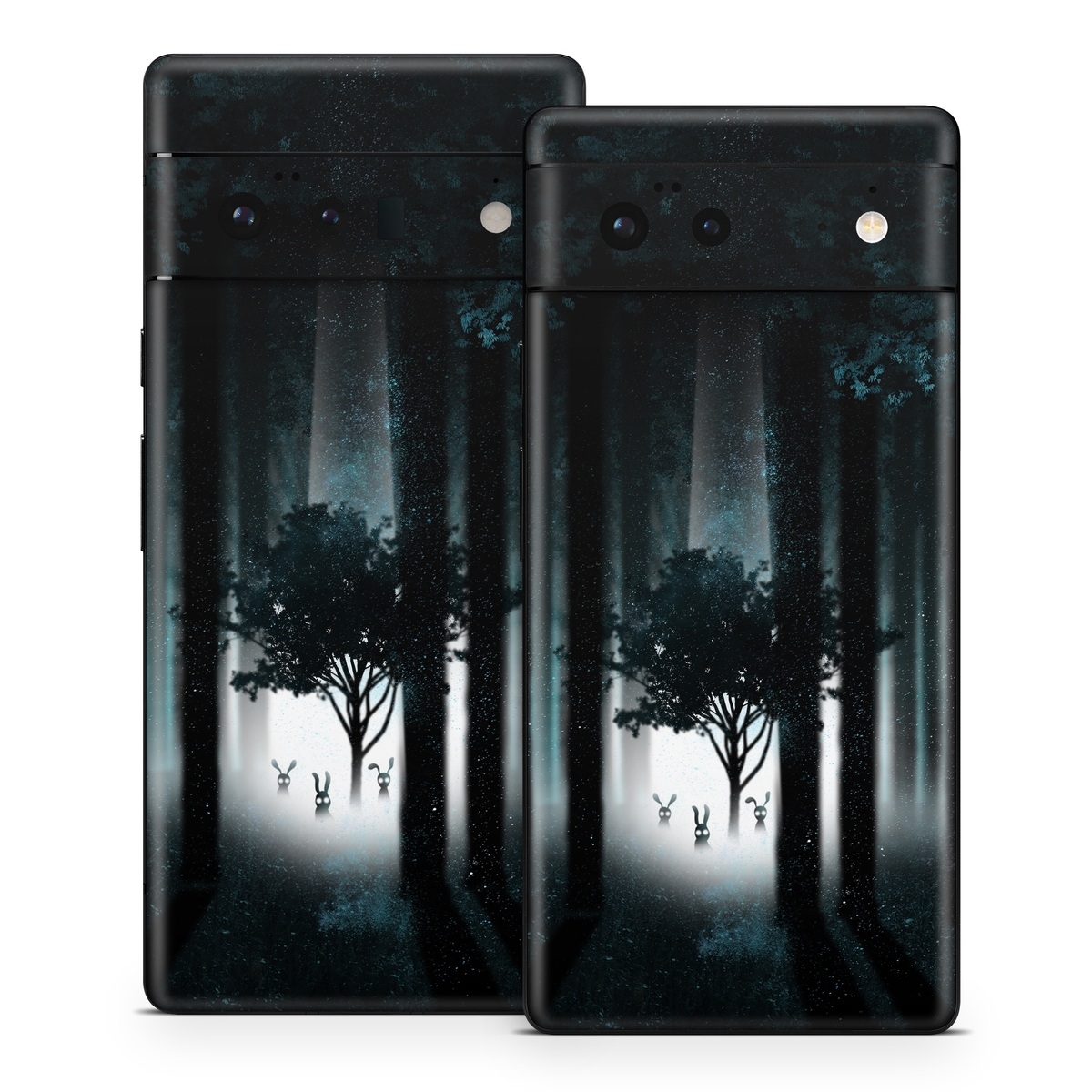 Google Pixel 6 Series Skin design of Darkness, Black, Nature, Tree, Natural environment, Forest, Atmosphere, Atmospheric phenomenon, Light, Natural landscape, with black, blue, white colors
