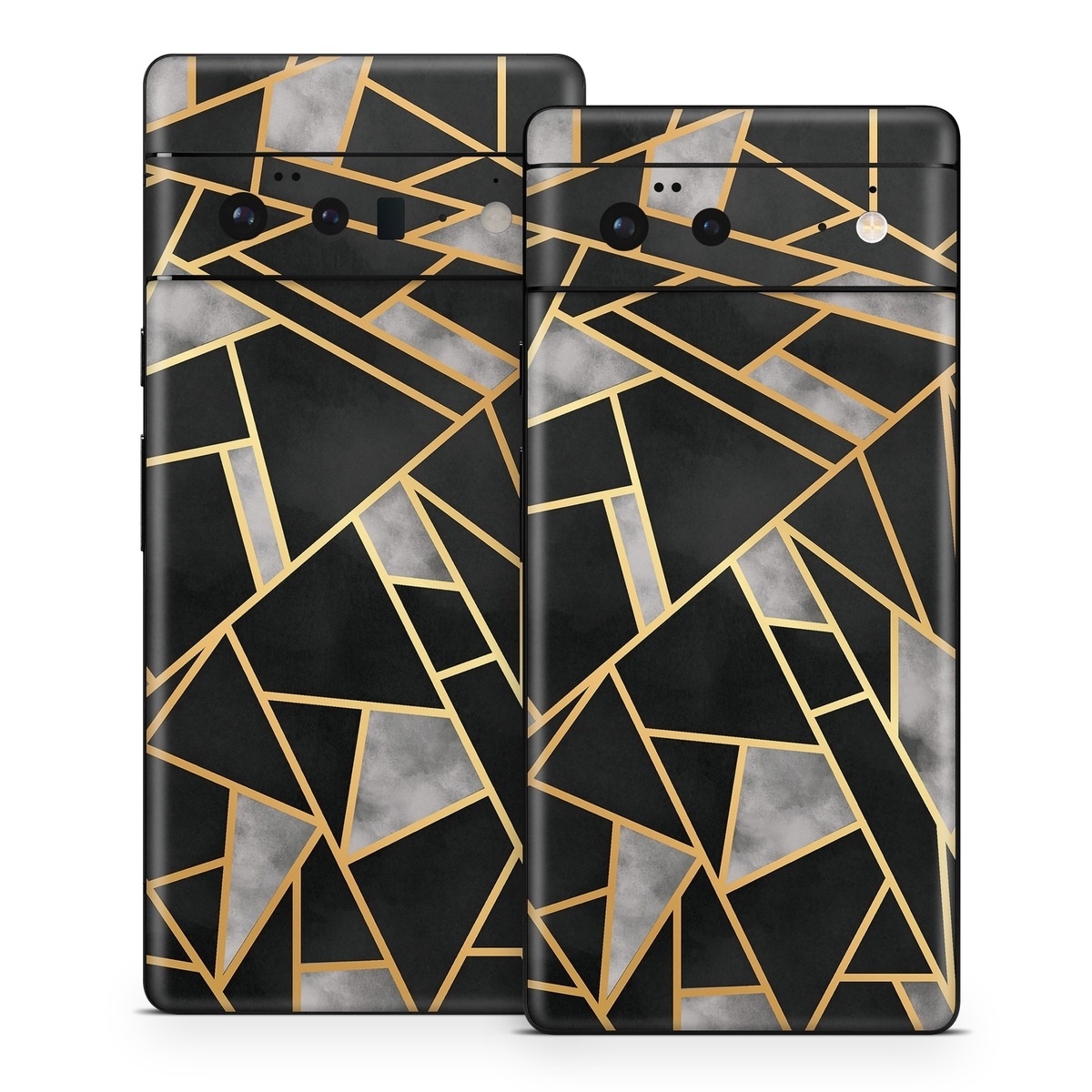 Google Pixel 6 Series Skin design of Pattern, Triangle, Yellow, Line, Tile, Floor, Design, Symmetry, Architecture, Flooring, with black, gray, yellow colors