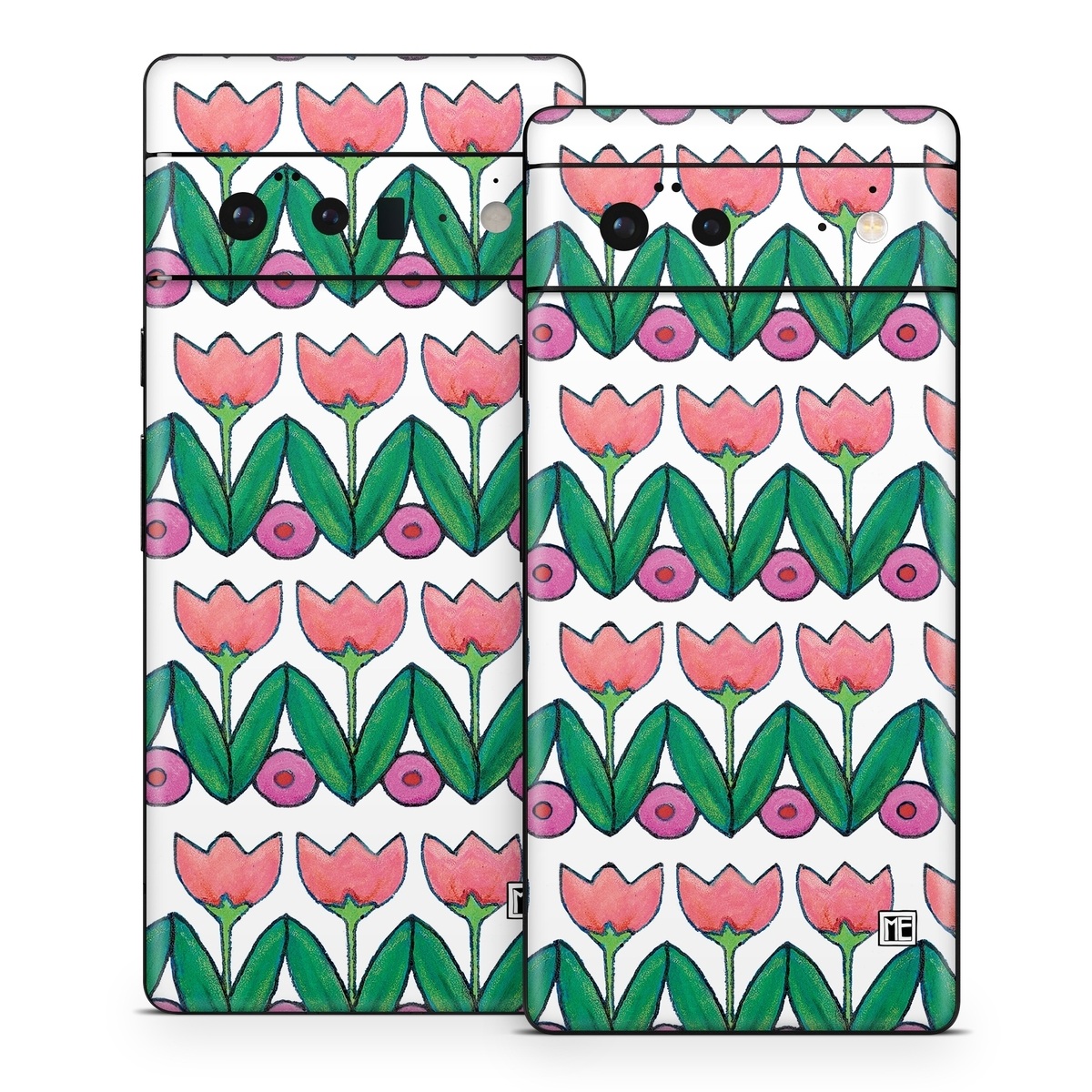 Google Pixel 6 Series Skin design of Green, Rectangle, Textile, Botany, Line, Symmetry, Art, Font, Pattern, Magenta, with white, green, pink, purple colors