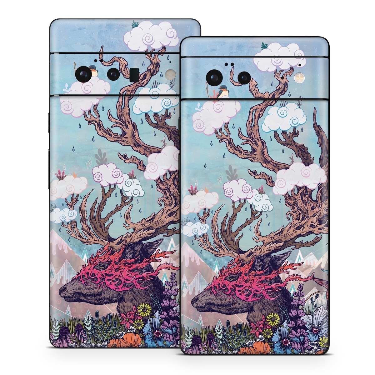 Google Pixel 6 Series Skin design of Illustration, Tree, Watercolor paint, Painting, Art, Plant, Acrylic paint, Fictional character, Flower, Blossom, with gray, black, red, purple, blue colors