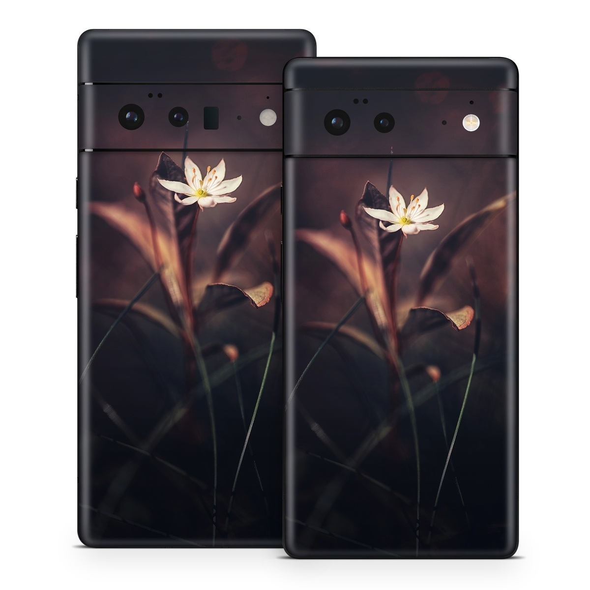 Google Pixel 6 Series Skin design of Flower, Yellow, Light, Plant, Sky, Still life photography, Wildflower, Petal, Darkness, Spring, with black, red colors