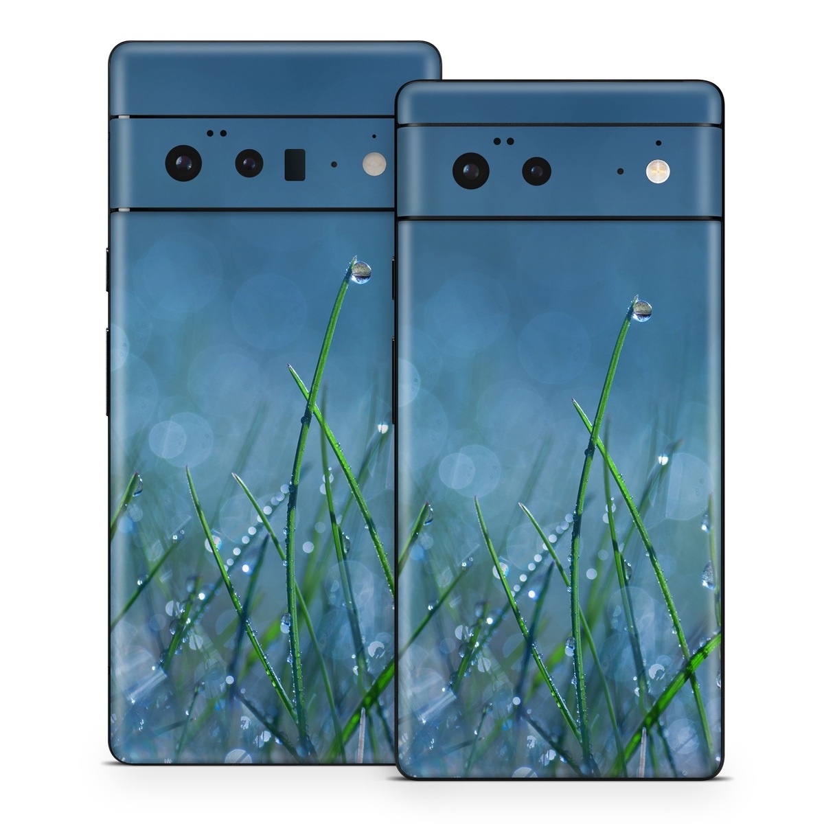 Google Pixel 6 Series Skin design of Moisture, Dew, Water, Green, Grass, Plant, Drop, Grass family, Macro photography, Close-up, with blue, black, green, gray colors