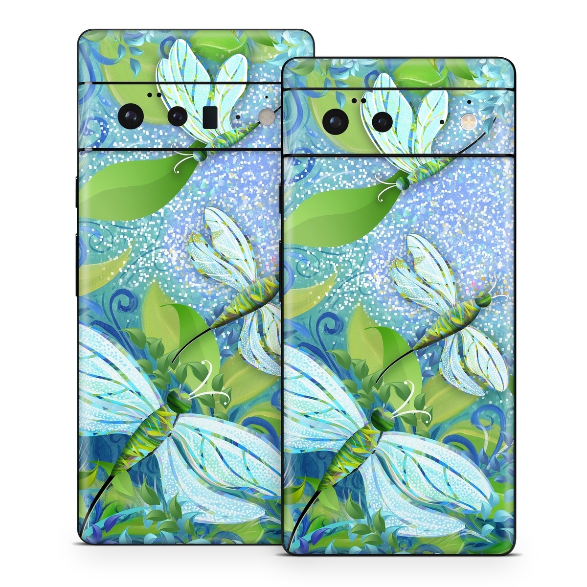Google Pixel 6 Series Skin design of Green, Blue, Leaf, Plant, Pattern, Tree, Design, Organism, Branch, Flower, with gray, blue, green, purple colors