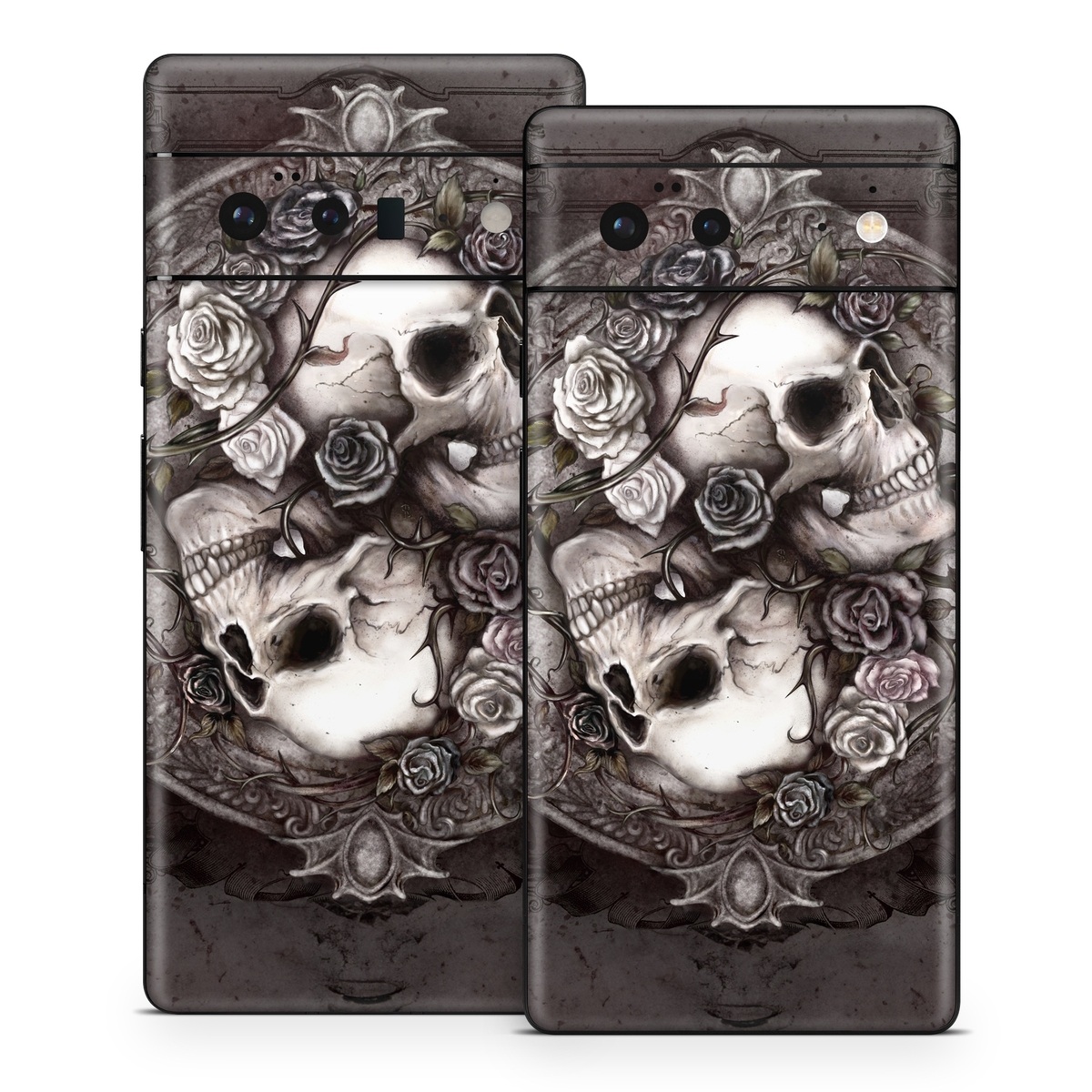Google Pixel 6 Series Skin design of Skull, Bone, Illustration, Font, Still life photography, Photography, Still life, Art, Monochrome, Circle, with black, white, brown, pink colors