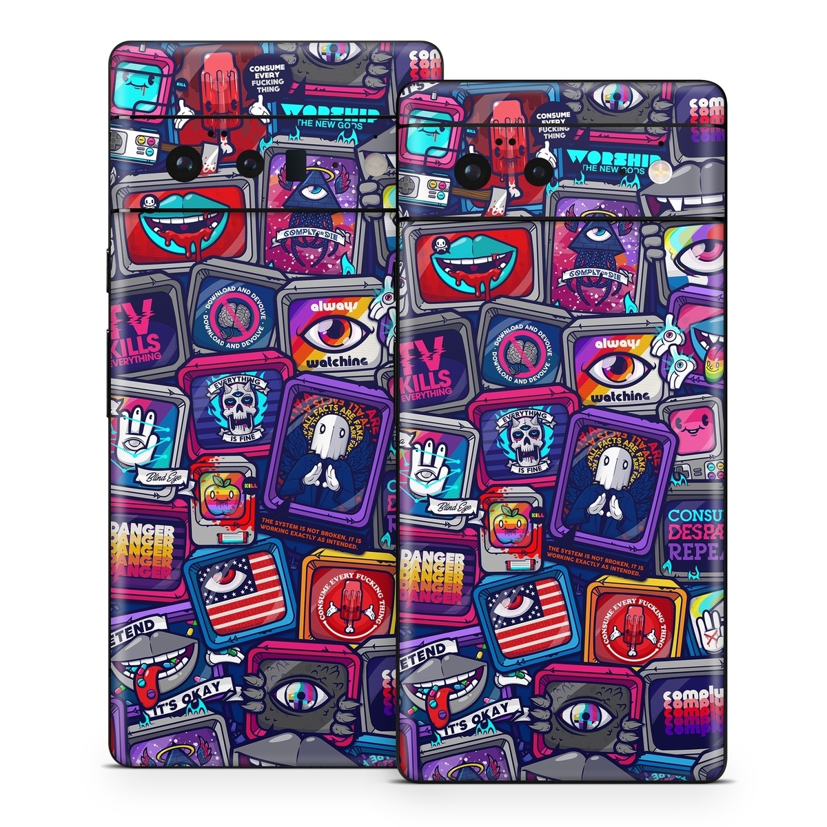 Google Pixel 6 Series Skin design of Pattern, Font, Art, Visual arts, Collection, with red, blue, black, gray, purple, yellow, white, green colors