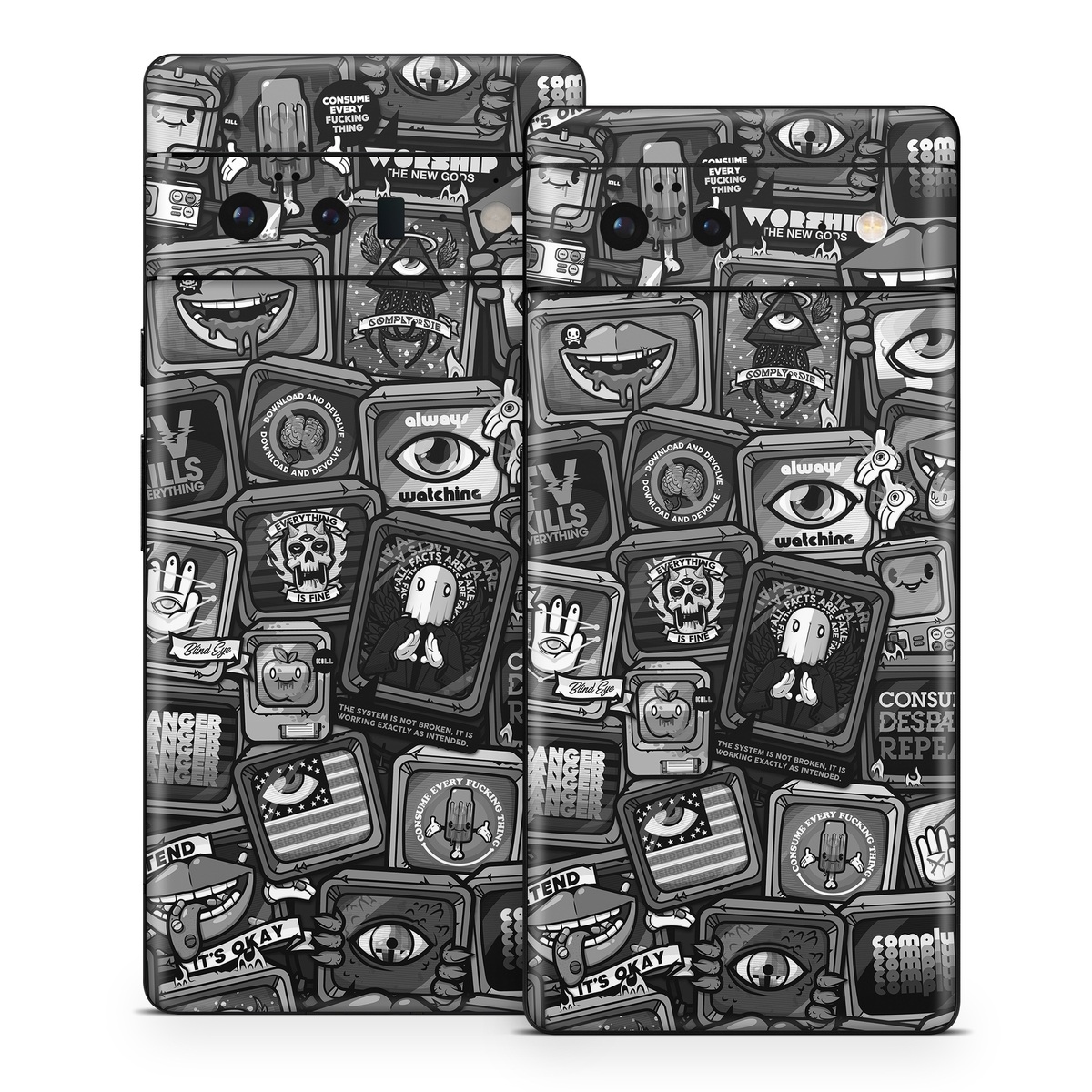 Google Pixel 6 Series Skin design of Font, Text, Pattern, Black-and-white, Design, Photography, Stock photography, Illustration, Monochrome, Drawing, with black, white, gray colors