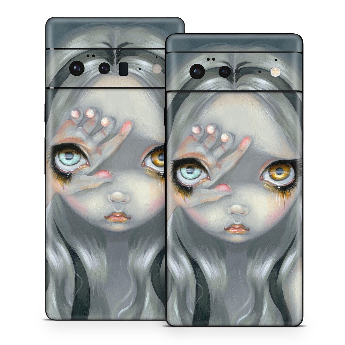 Google Pixel 6 Series Skin design of Face, Head, Cg artwork, Eye, Illustration, Organ, Fictional character, Art, Iris, Darkness, with black, gray, blue, green colors