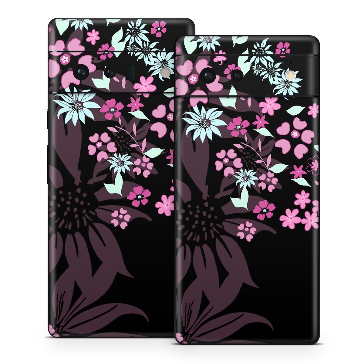 Google Pixel 6 Series Skin design of Pink, Pattern, Flower, Plant, Botany, Petal, Floral design, Design, Pedicel, Graphic design, with black, gray, purple, green, red, pink colors