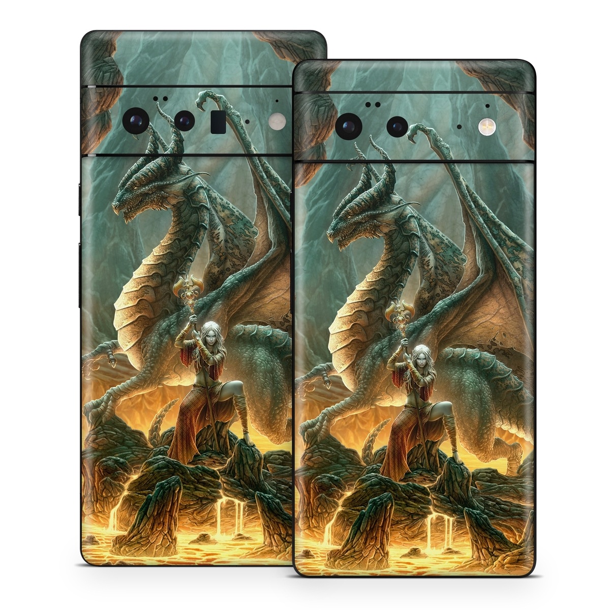 Google Pixel 6 Series Skin design of Dragon, Cg artwork, Mythology, Fictional character, Mythical creature, Art, Illustration, Cryptid, Sculpture, Demon, with black, green, red, gray, blue colors