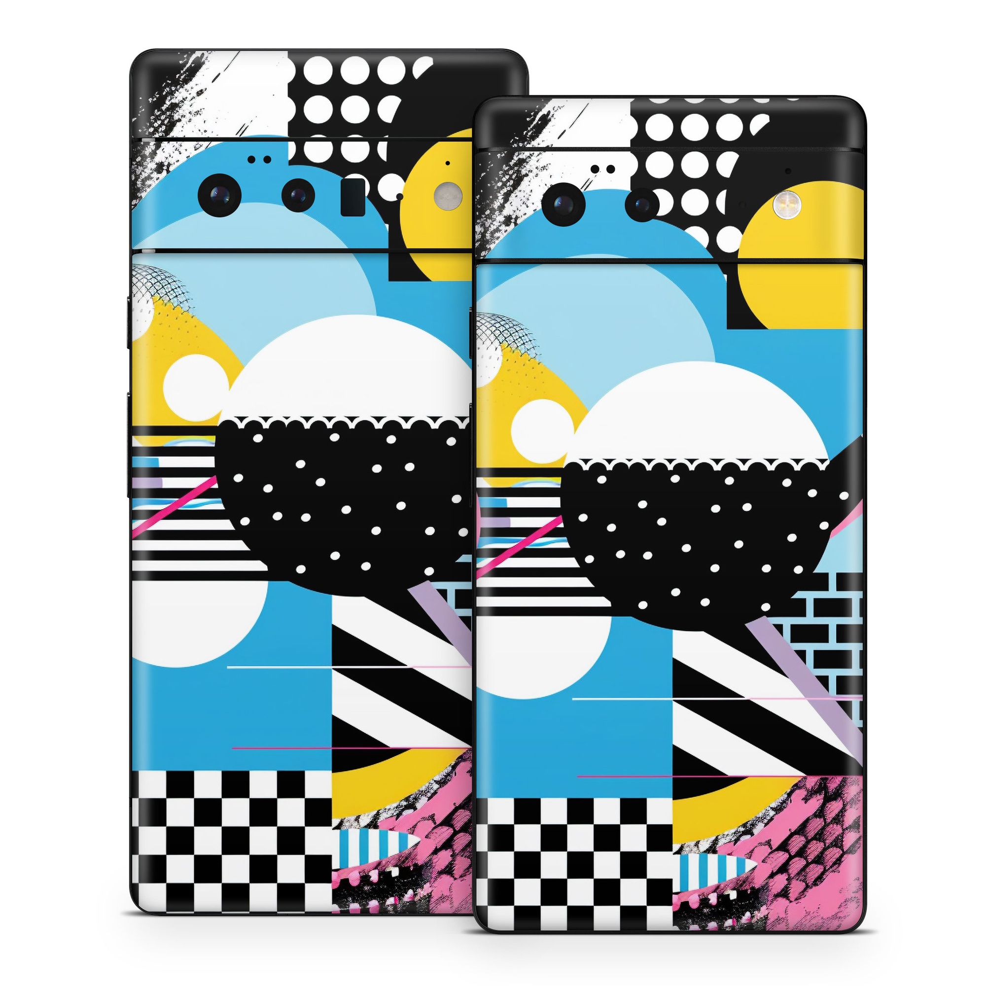 Google Pixel 6 Series Skin design of White, Yellow, Art, Font, Pattern, Circle, Design, Creative arts, Graphics, Electric blue, with blue, pink, white, black, yellow colors