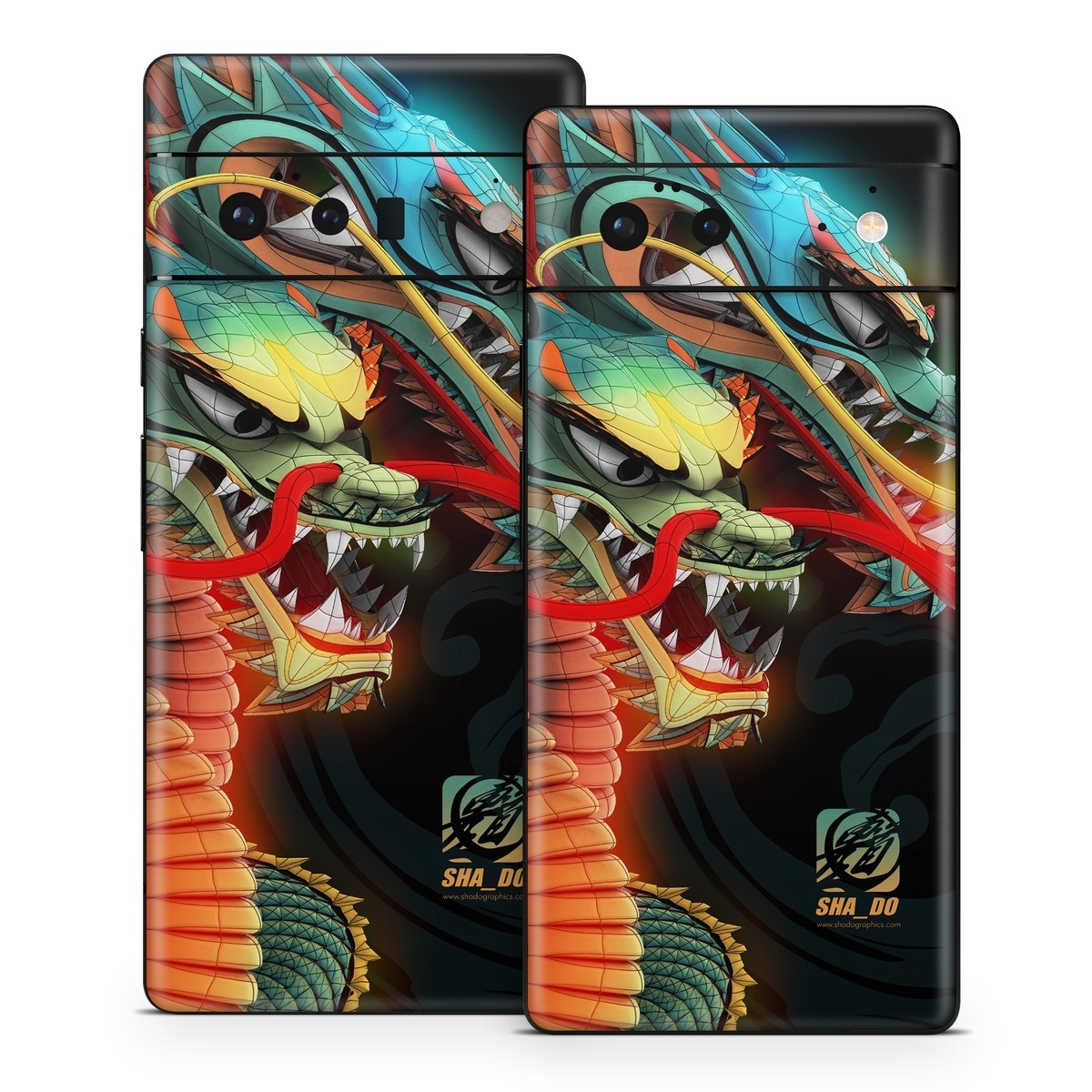 Google Pixel 6 Series Skin design of Dragon, Fictional character, Illustration, Art, Cg artwork, Fiction, Mythical creature, Graphics, with black, green, red, yellow, orange colors