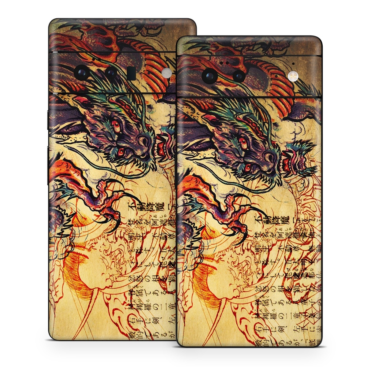 Google Pixel 6 Series Skin design of Illustration, Fictional character, Art, Demon, Drawing, Visual arts, Dragon, Supernatural creature, Mythical creature, Mythology, with black, green, red, gray, pink, orange colors