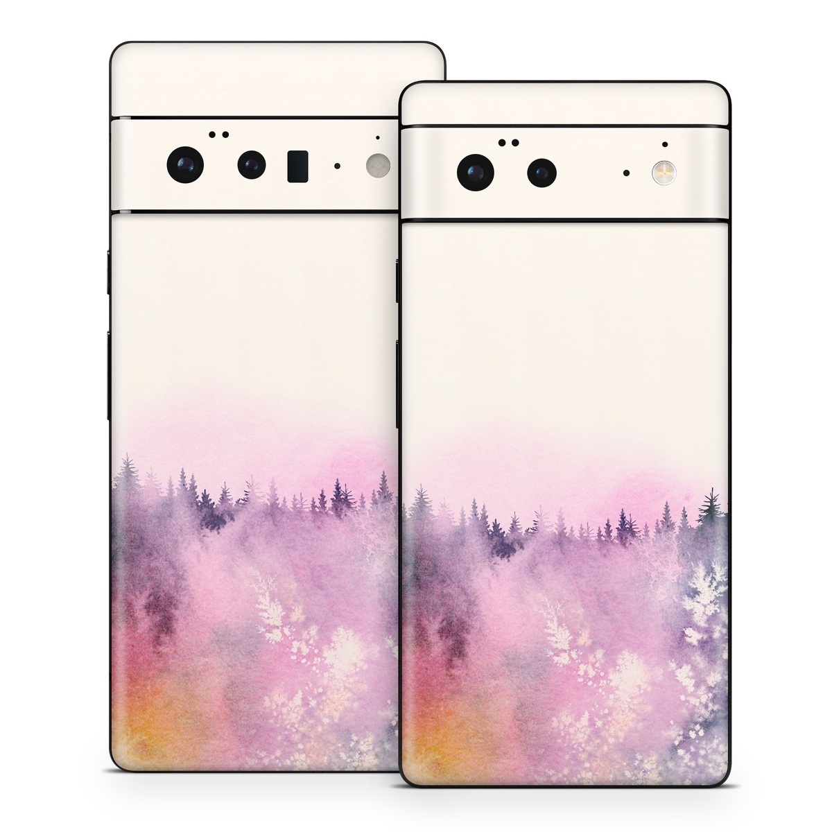 Google Pixel 6 Series Skin design of Watercolor paint, Sky, Atmospheric phenomenon, Tree, Atmosphere, Cloud, Landscape, Forest, Painting, Illustration, with white, yellow, pink, purple, blue, black colors