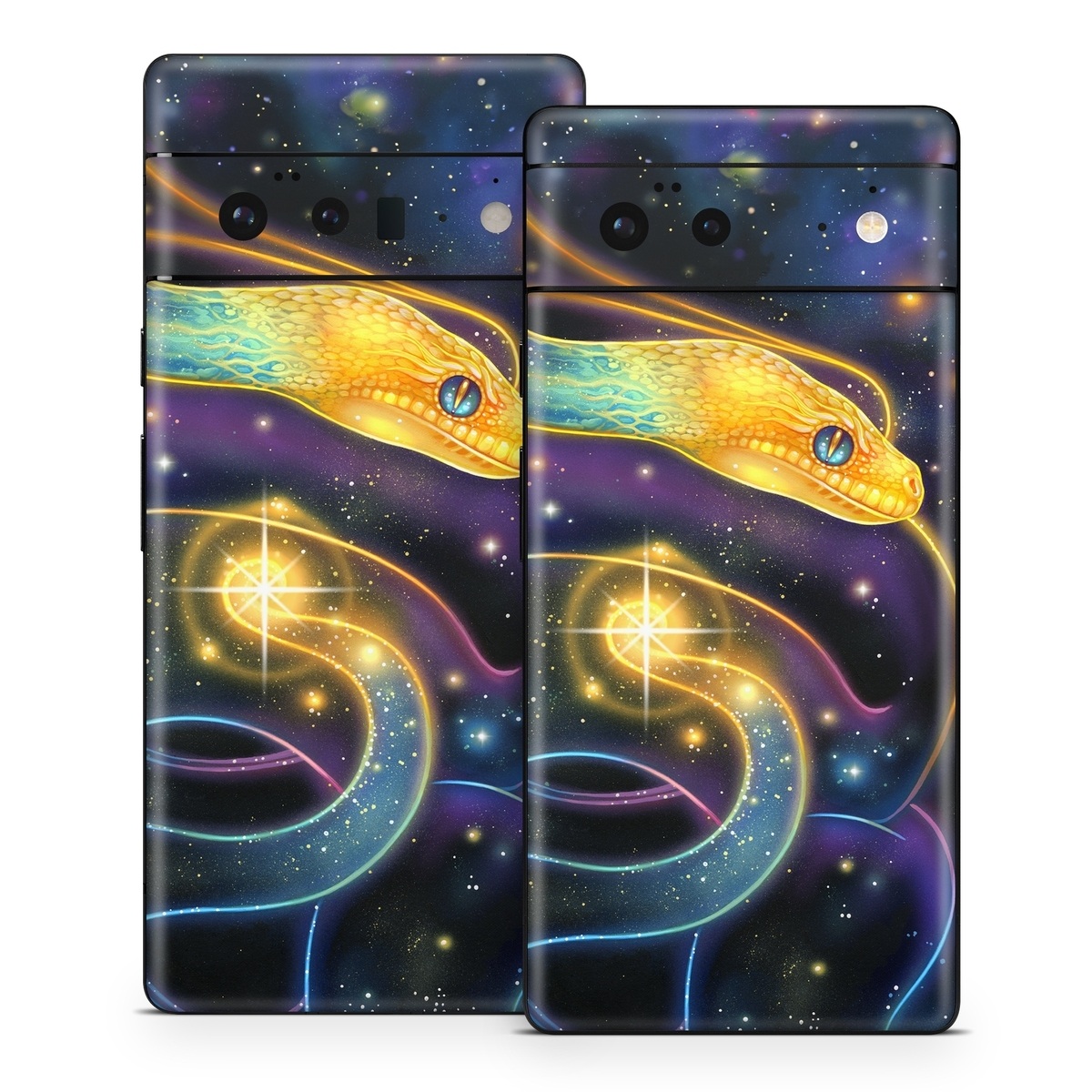 Google Pixel 6 Series Skin design of Atmosphere, Light, Organism, Art, Font, Astronomical object, Galaxy, Star, Science, Nebula, with black, white, yellow, orange, green, purple colors