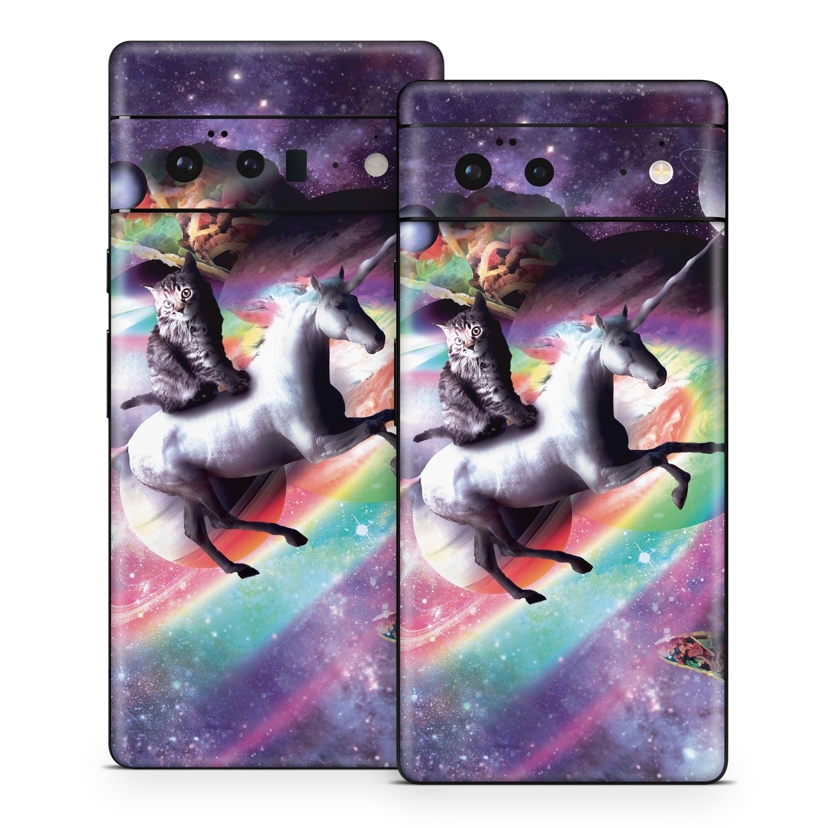 Google Pixel 6 Series Skin design of Illustration, Graphic design, Fictional character, Space, Sky, Astronomical object, Universe, Outer space, Art, Unicorn, with black, white, gray, red, yellow, green, blue, orange colors