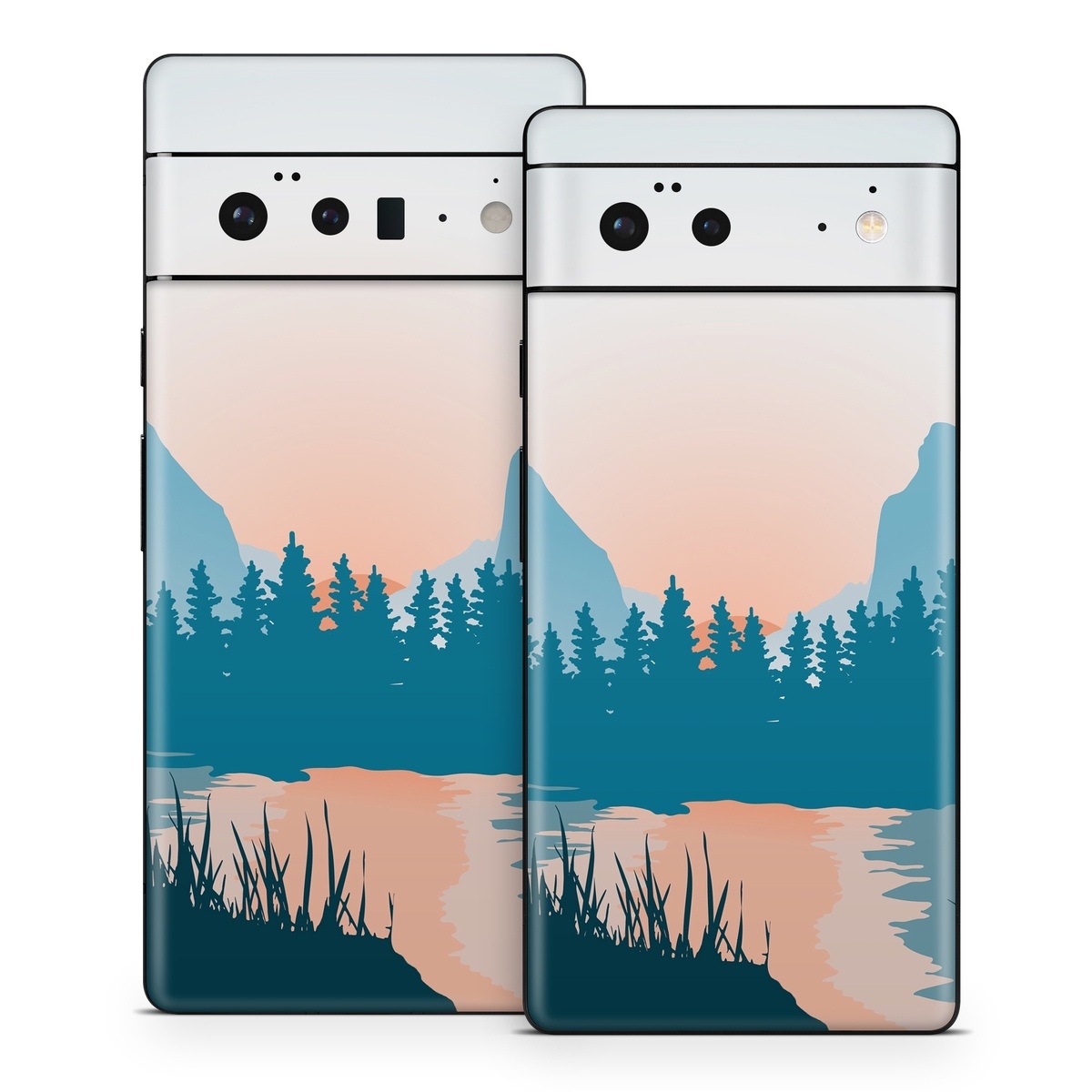 Google Pixel 6 Series Skin design of Sky, Atmosphere, Mountain, Ecoregion, Plant, Natural landscape, Larch, Highland, Fog, Atmospheric phenomenon, with blue, yellow, orange, green colors