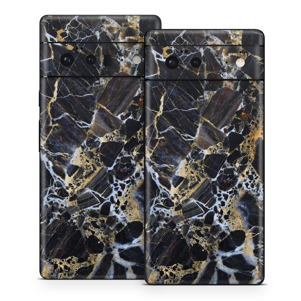 Google Pixel 6 Series Skin design of Black, Yellow, Rock, Brown, Marble, Water, Close-up, Granite, Pattern, Geology, with black, white, orange, gray, yellow colors