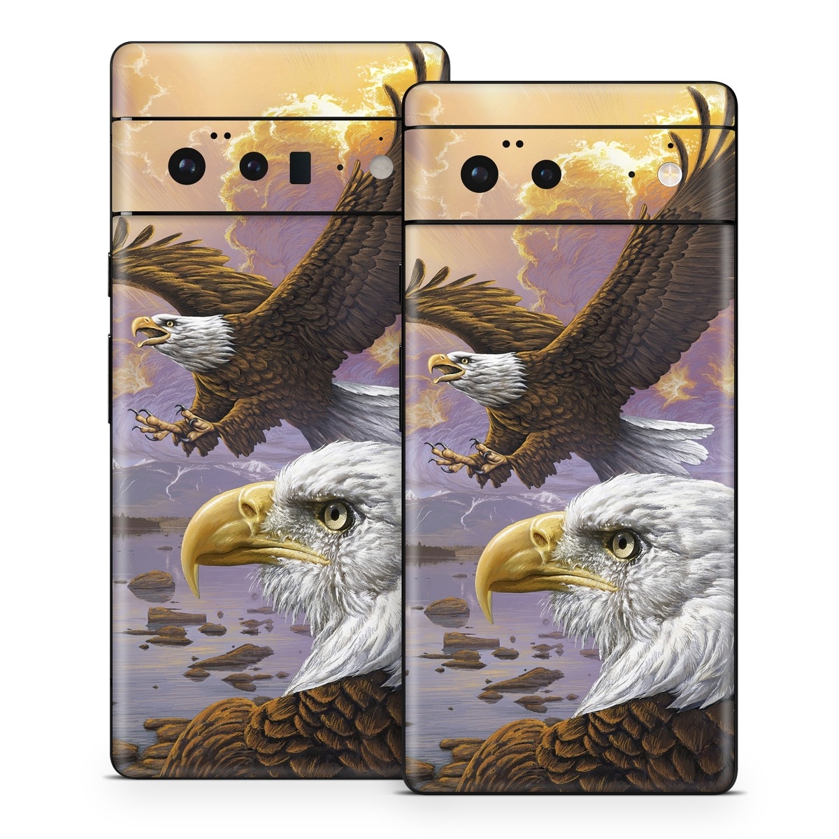 Google Pixel 6 Series Skin design of Bird, Bird of prey, Bald eagle, Vertebrate, Eagle, Accipitriformes, Accipitridae, Golden eagle, Beak, Hawk, with gray, black, green, red, purple colors